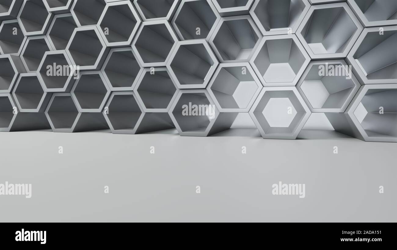 Empty white interior with hexagon shelves on the wall, 3D rendering ...