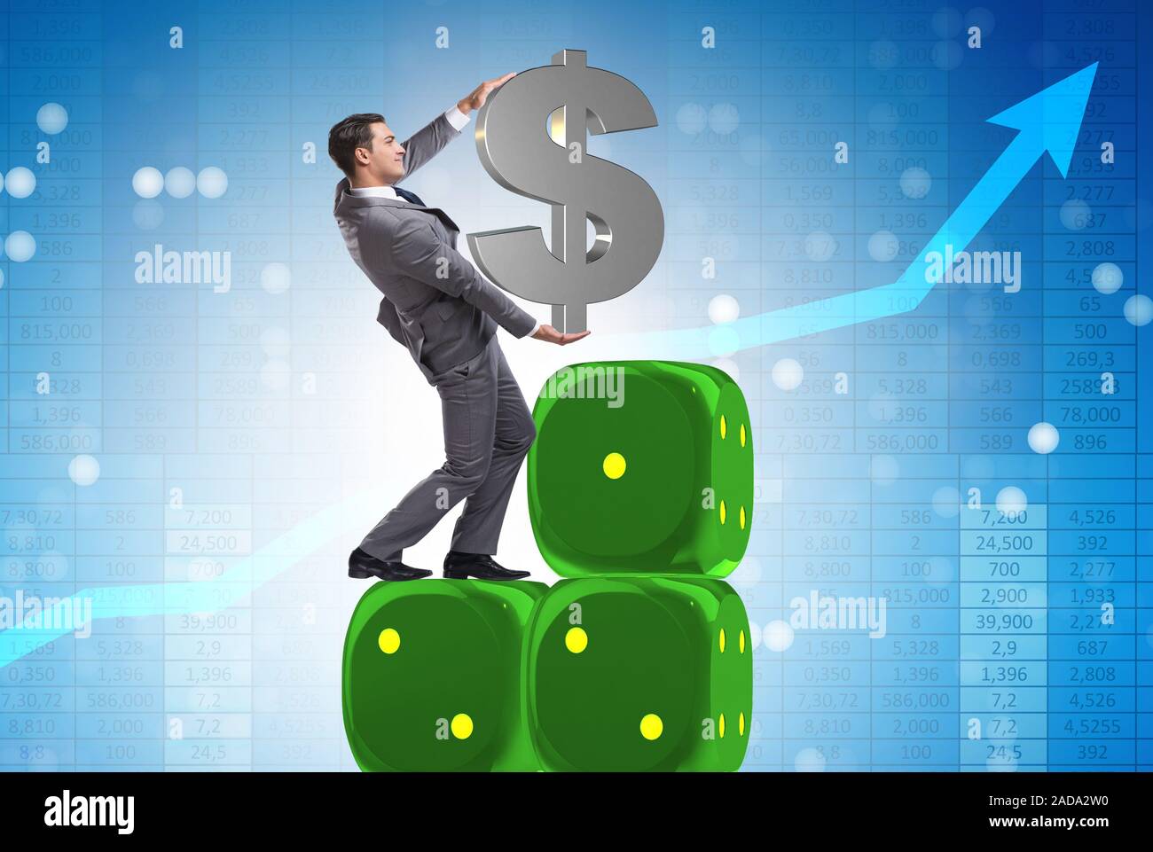 Businessman holding dollar sign on top of dice pyramid Stock Photo - Alamy