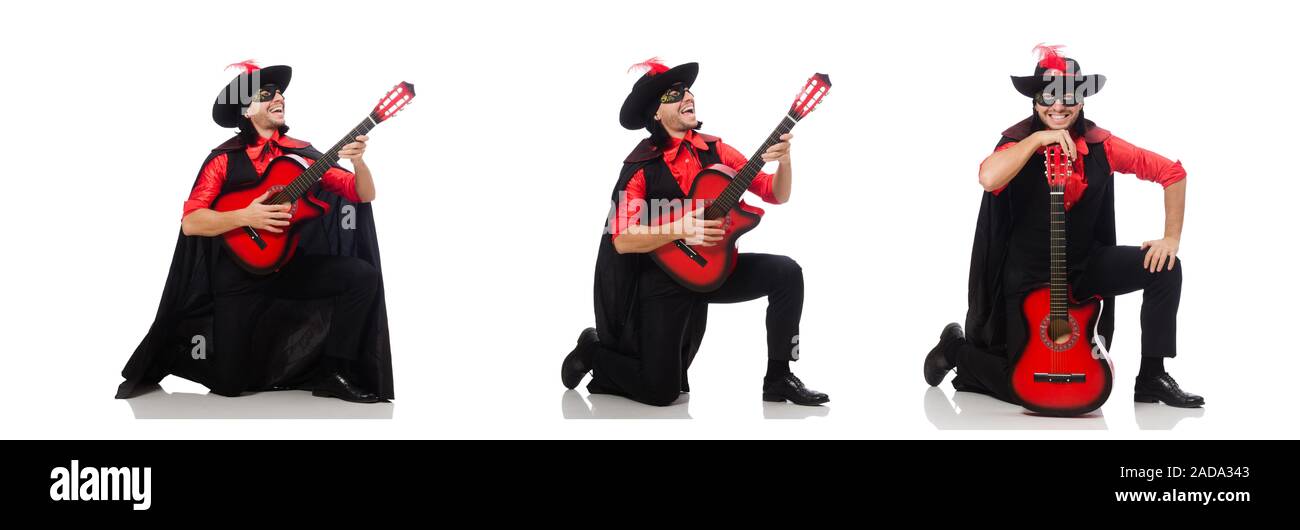 Young man in carnival coat  with guitar isolated on white Stock Photo