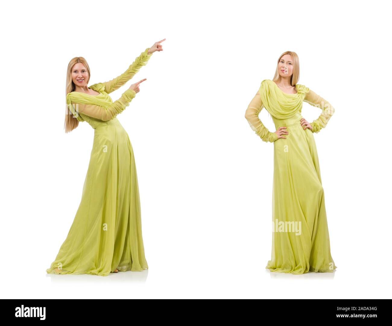 Pretty girl in elegant green dress isolated on white Stock Photo - Alamy
