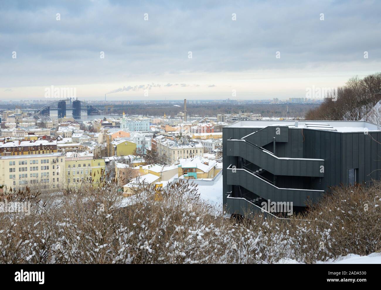 Winter view of Podol with a modern building in the hill Kyiv Stock Photo