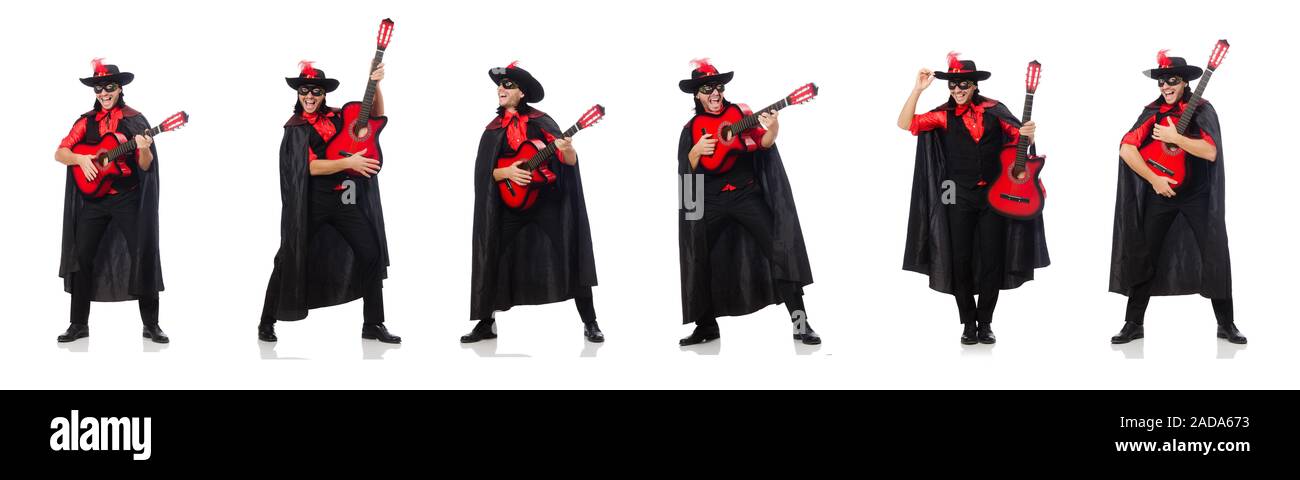 Young man in carnival coat  with guitar isolated on white Stock Photo