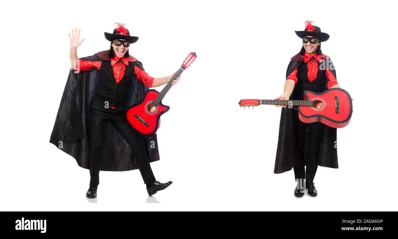 Young man in carnival coat  with guitar isolated on white Stock Photo