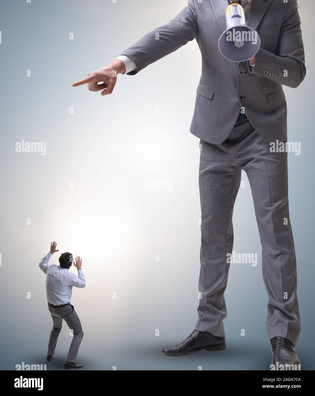 Bad angry boss shouting at employee with loudspeaker Stock Photo - Alamy