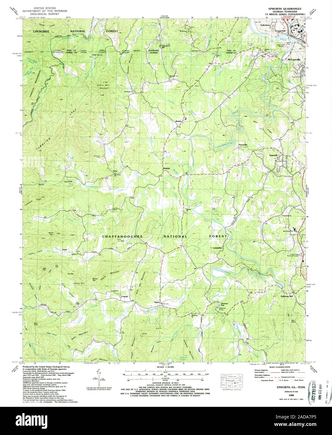 USGS TOPO Map Tennessee GA Epworth 245655 1988 24000 Restoration Stock