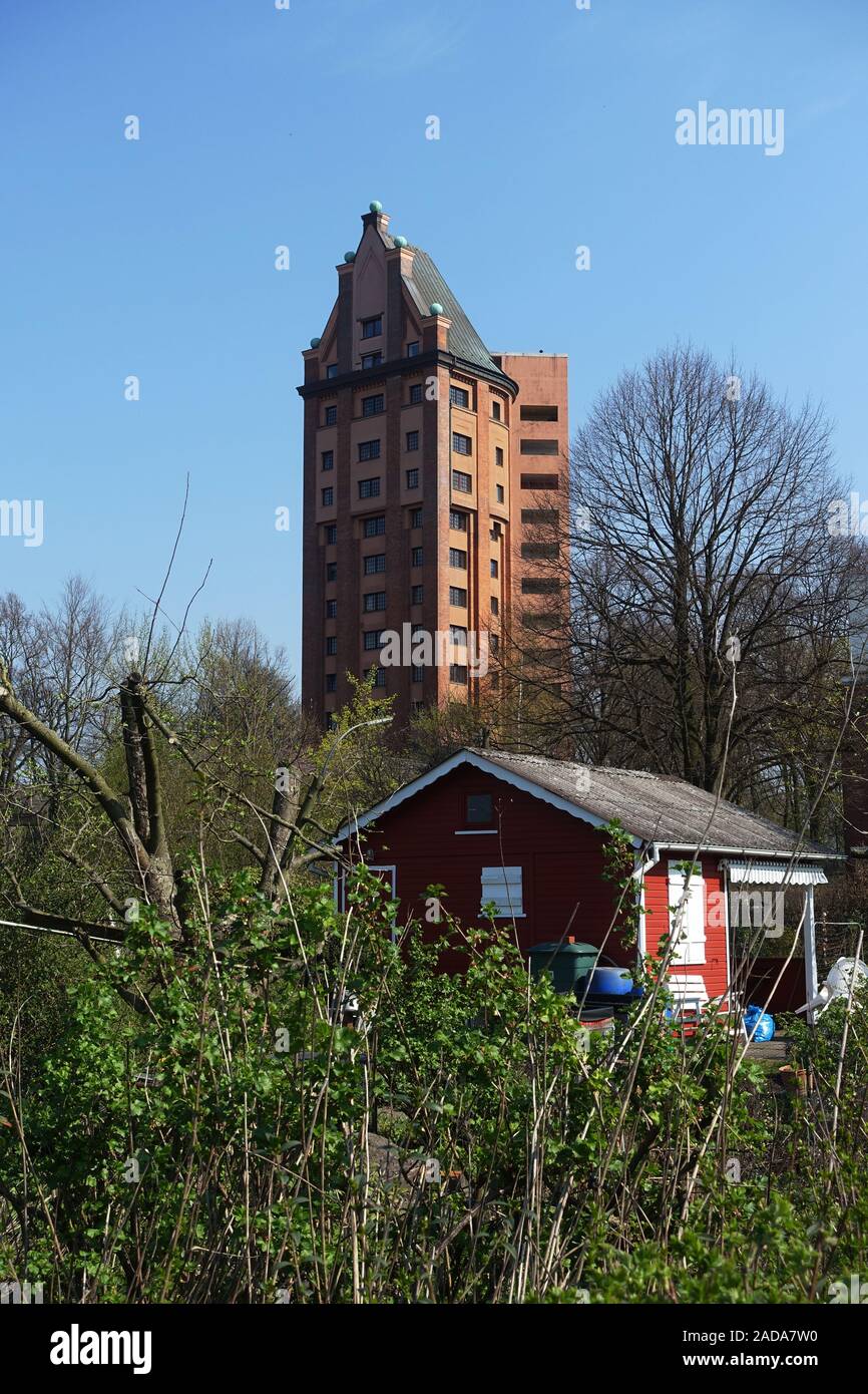 Allotment gardens and water tower converted into living space in Hamburg's Eimsbuettel district Stock Photo
