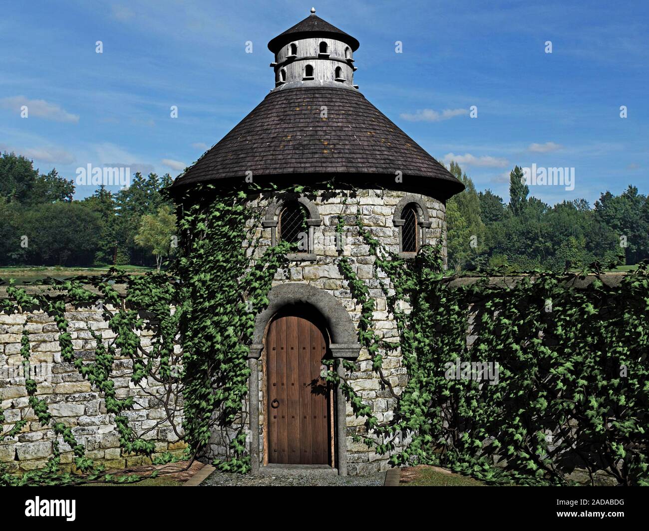 old ivy overgrown castle wall with tower Stock Photo - Alamy