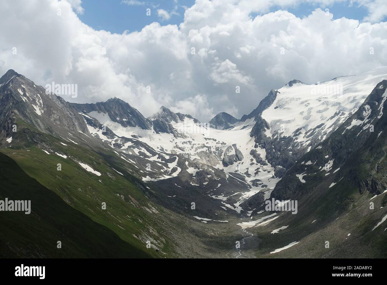 View from Hohe Mut Alm to the glacier wall of Rotmoosalm, South Tyrol, Austria Stock Photo