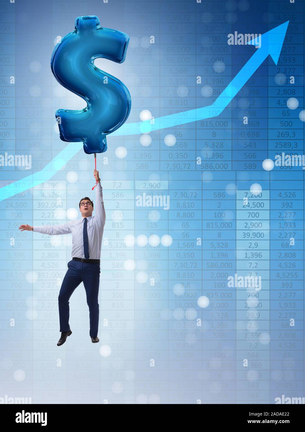 Businessman flying on dollar sign inflatable balloon Stock Photo - Alamy