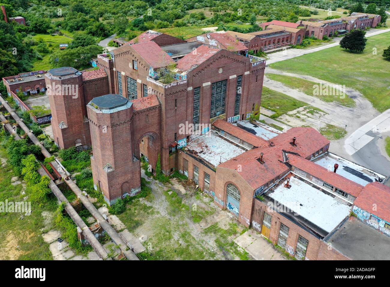 View of Abandoned portions of Pilgrim Psychiatric Center in Brentwood, New York on Long Island. Stock Photo