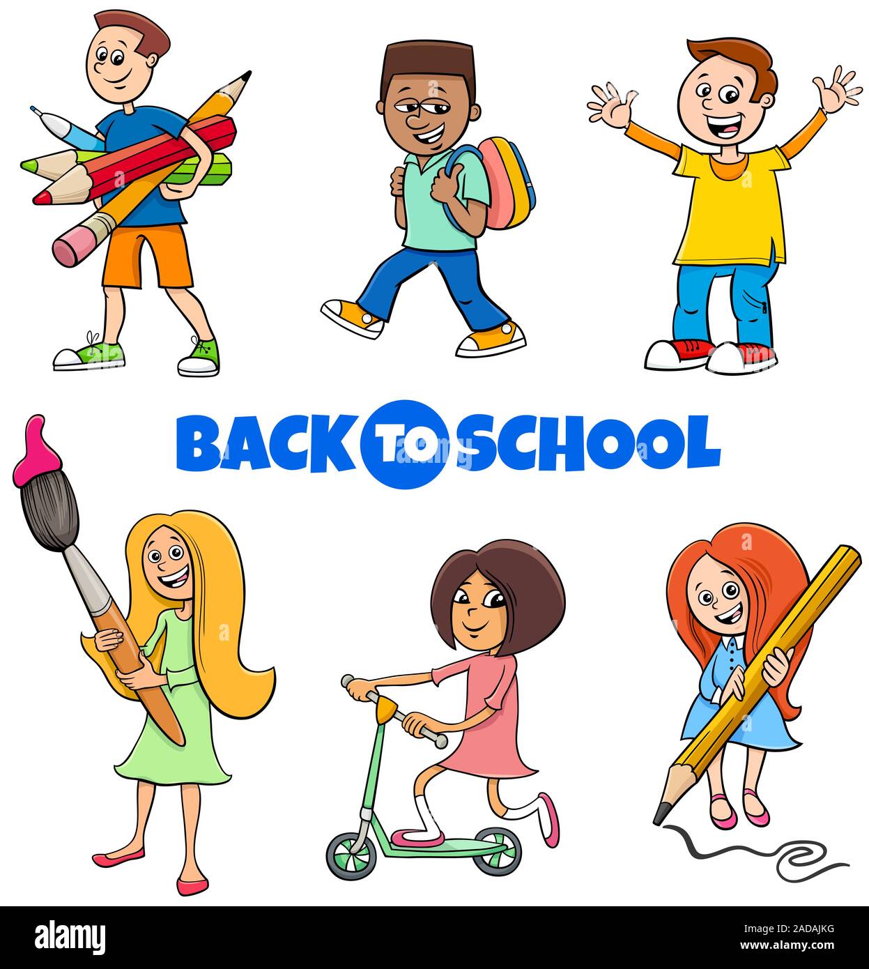 pupils children back to school cartoon illustration Stock Photo - Alamy