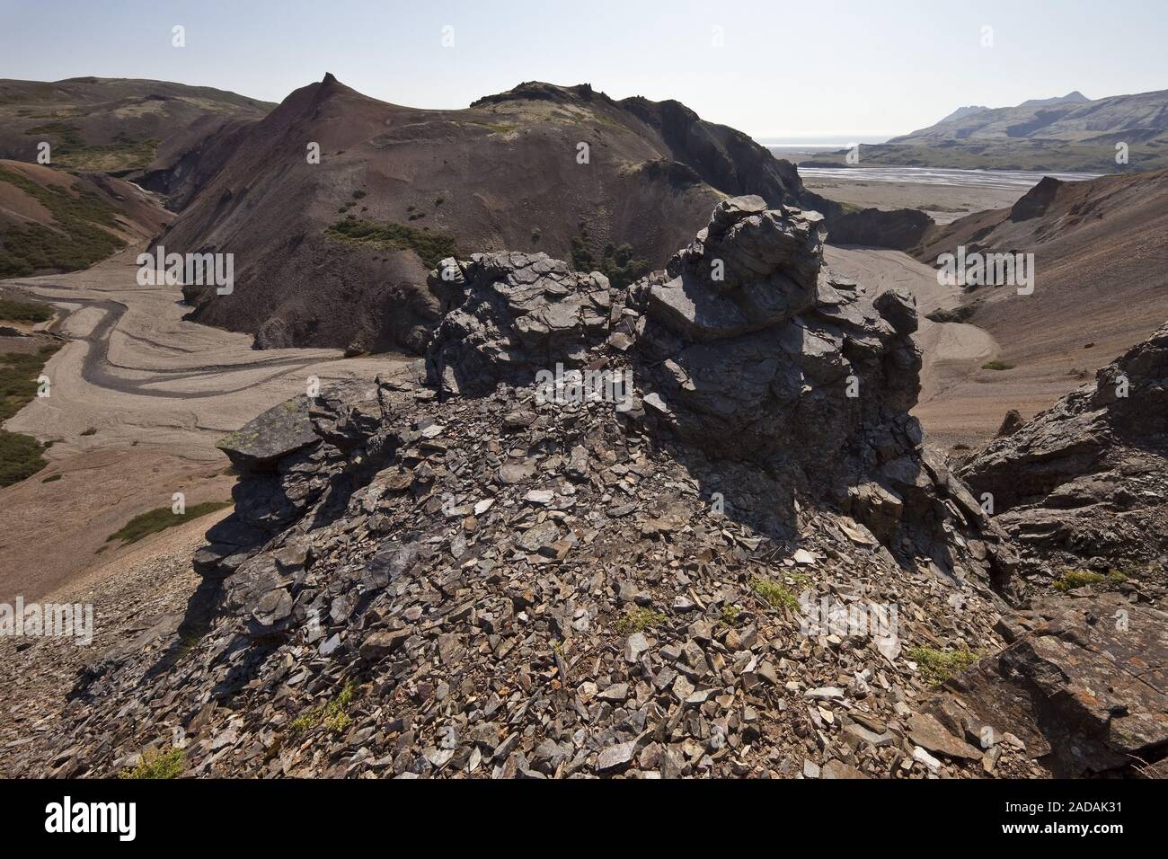 Over looking into a barren landscape, Raftagil, National Park Lónsoeræfi, Iceland, Europe Stock Photo