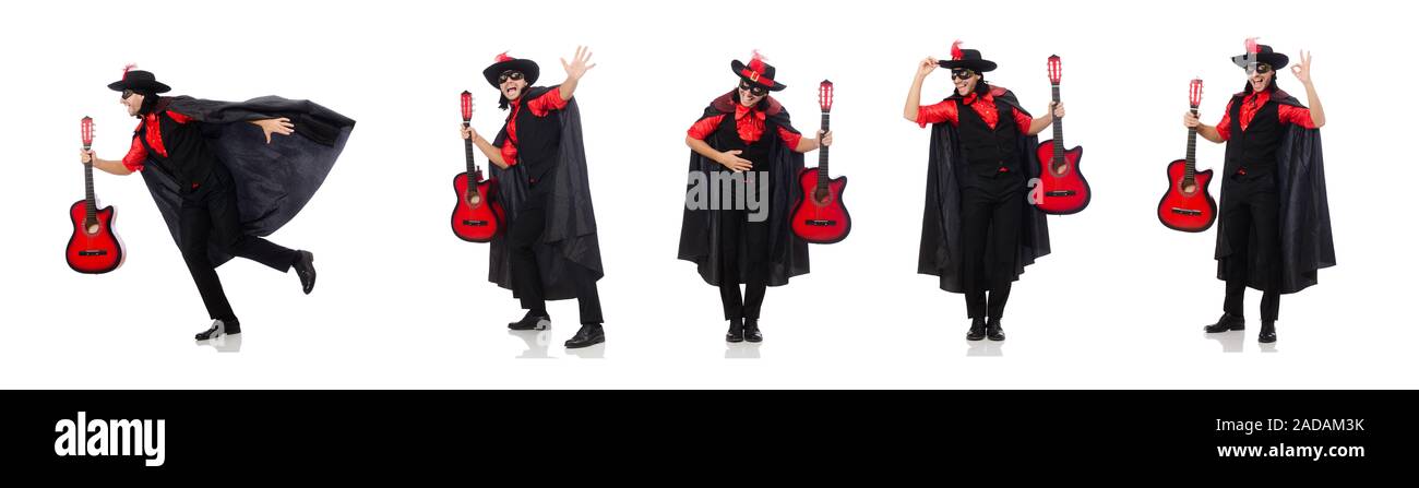 Young man in carnival coat  with guitar isolated on white Stock Photo