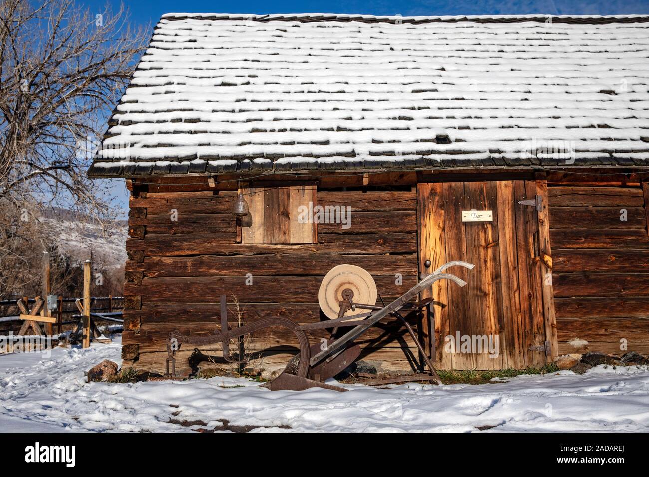 Snow-covered barn in Golden History Park, Golden, Colorado, USA Stock Photo