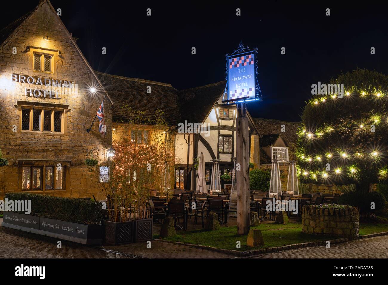 The broadway hotel at night in december with christmas lights. Broadway