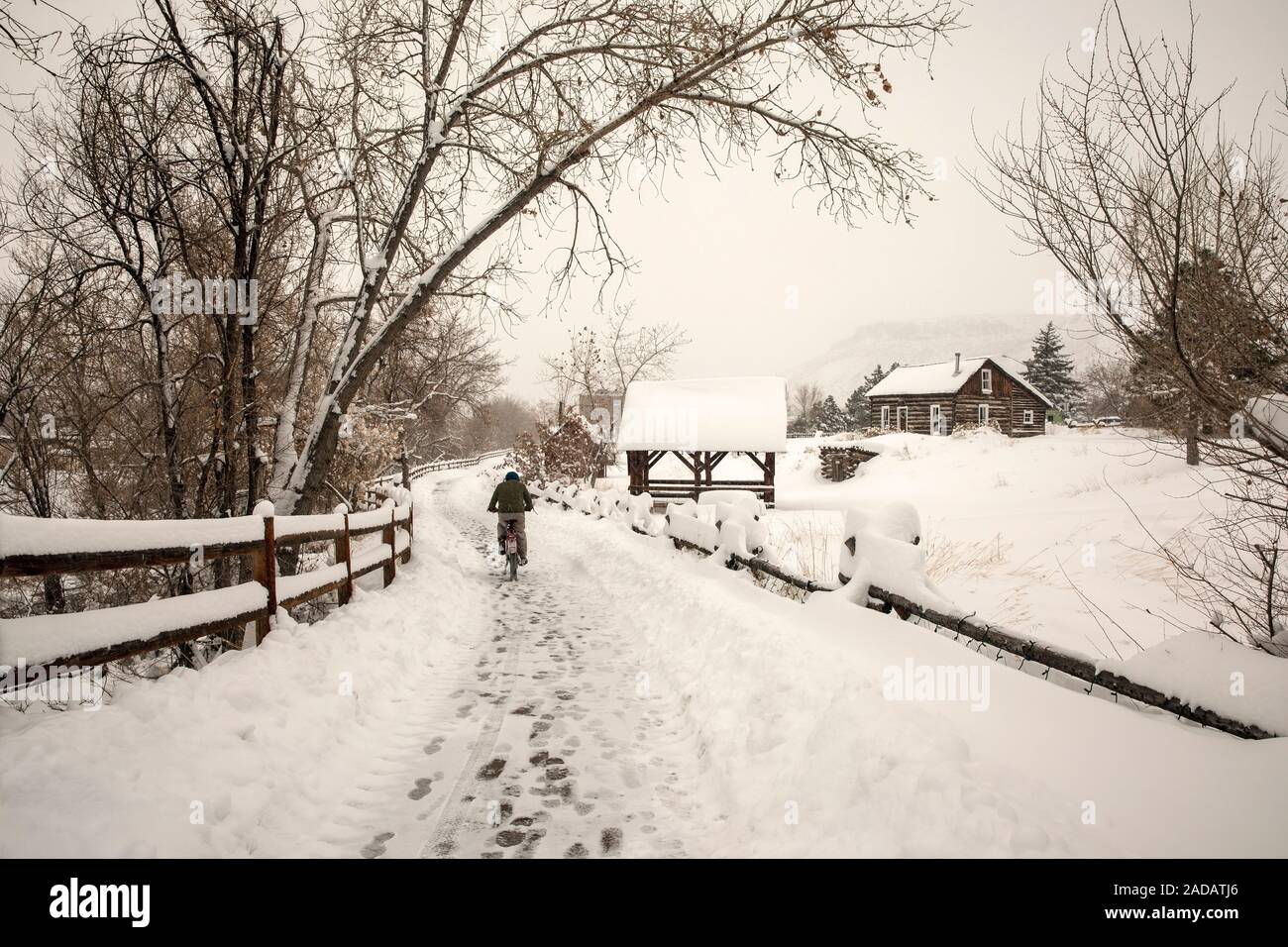 Bicyclist on snowcovered Clear Creek Trail Golden History Park