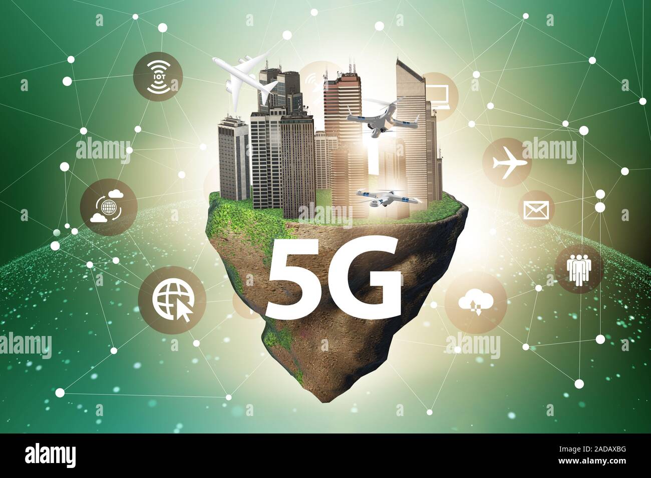 Concept of 5g technology with floating island Stock Photo