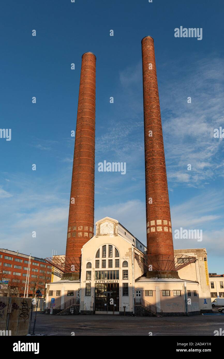 Kattilahalli boiler chimneys of Suvilahti Gasworks in Helsinki, Finland Stock Photo