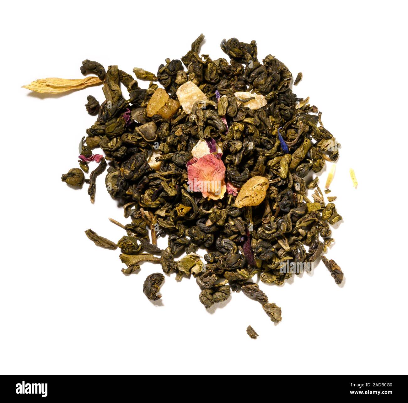 Green tea with aromatic additives. Top view on white background Stock ...
