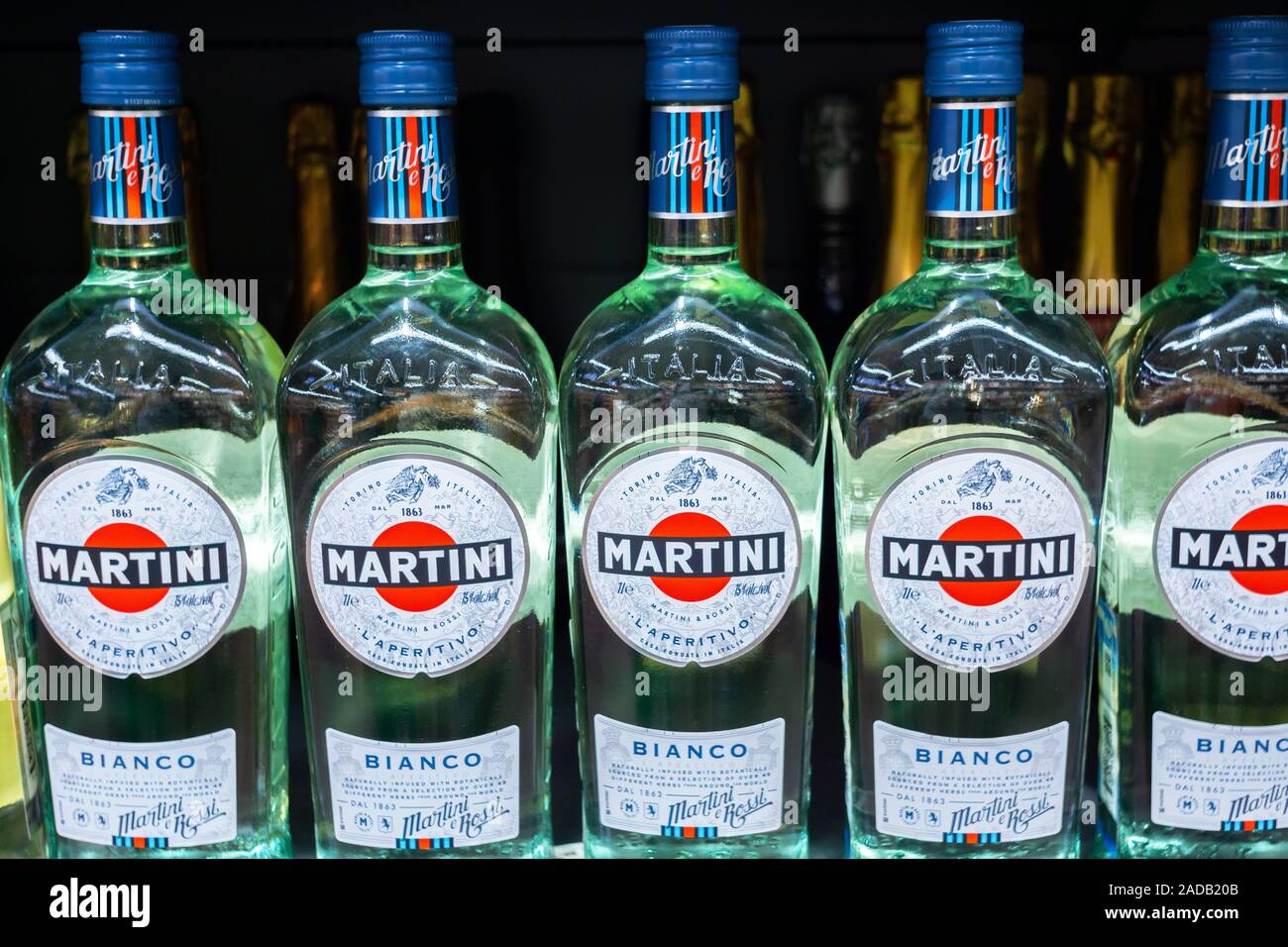 Tyumen, Russia-August 27, 2019: Vermouth Martini Bianco on the shelves hypermarket Metro sale of alcoholic beverages Stock -
