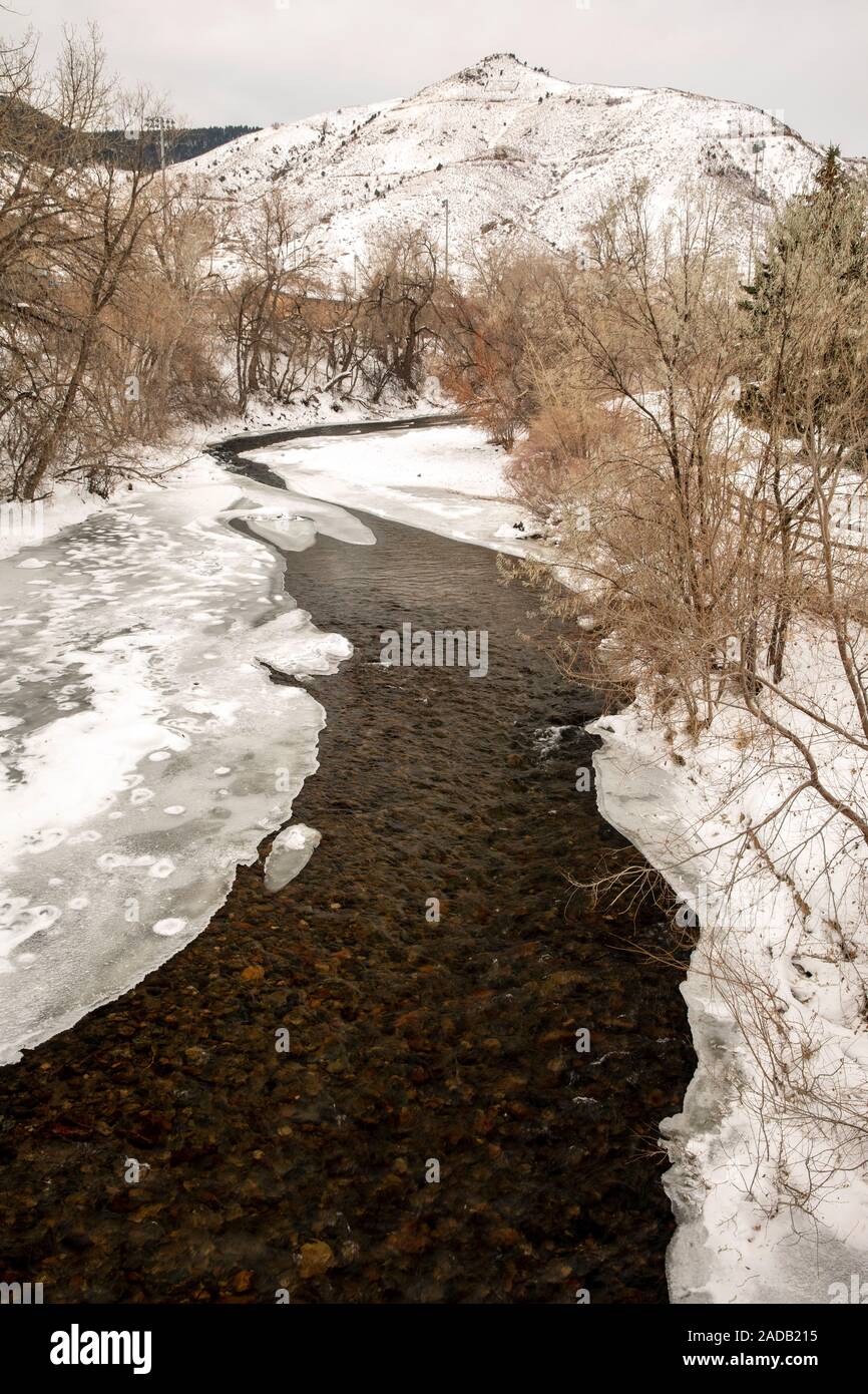 Snowy Clear Creek landscape in winter.  Golden, Colorado, USA Stock Photo