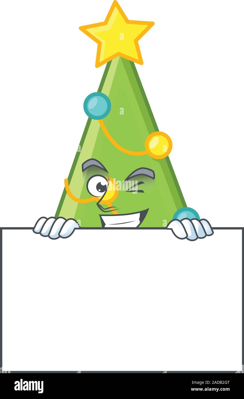 Grinning christmas tree decoration cartoon character style hides behind a board Stock Vector