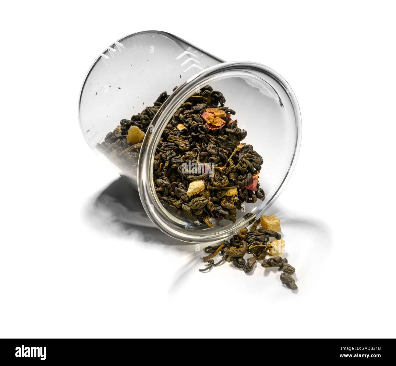 Green tea with aromatic additives. Top view on white background Stock ...