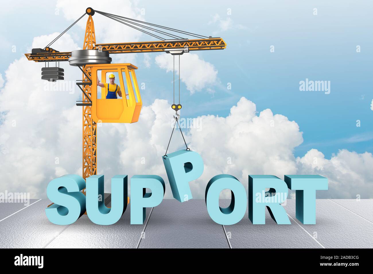 Crane lifting up the word support Stock Photo Alamy