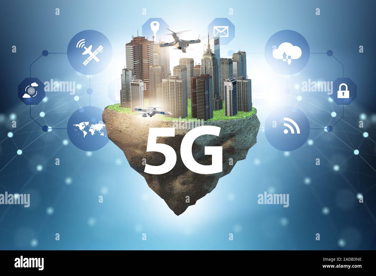 Concept of 5g technology with floating island Stock Photo