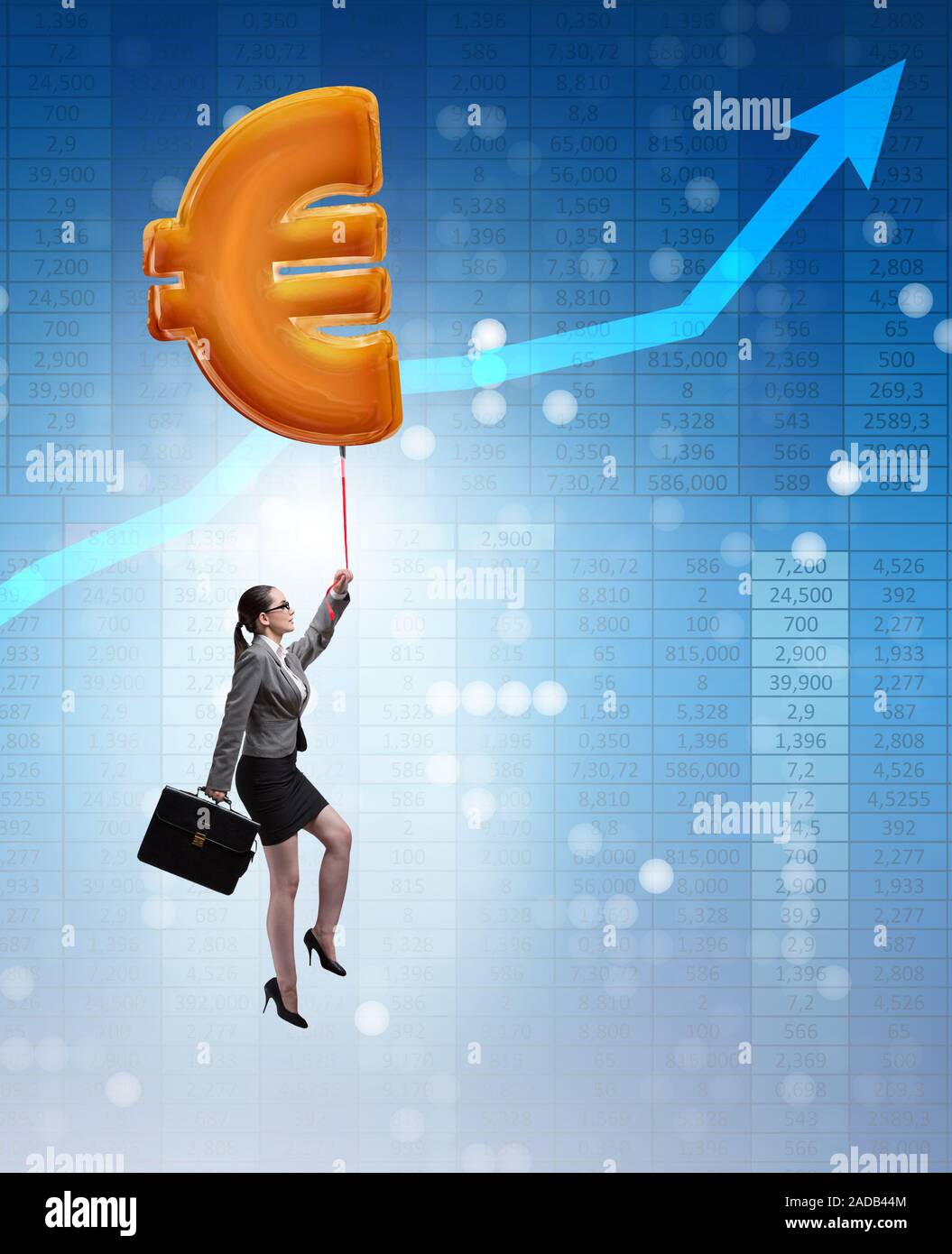 Businesswoman flying on euro sign inflatable balloon Stock Photo - Alamy