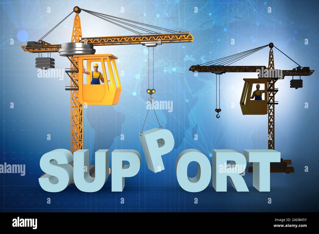 Crane lifting up the word support Stock Photo Alamy