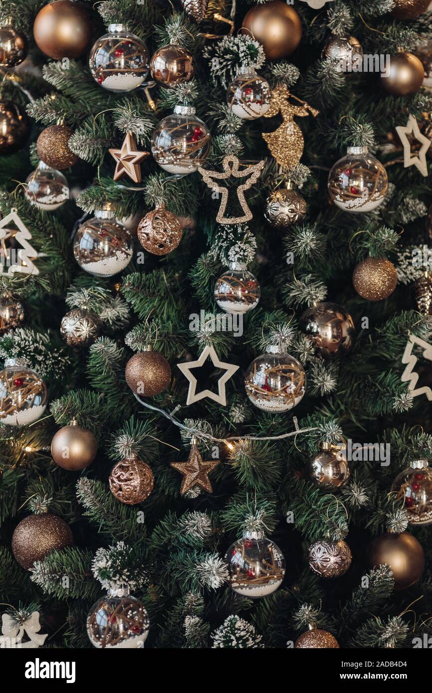 Christmas tree with decorations. Christmas balls, stars and garland. Stock Photo