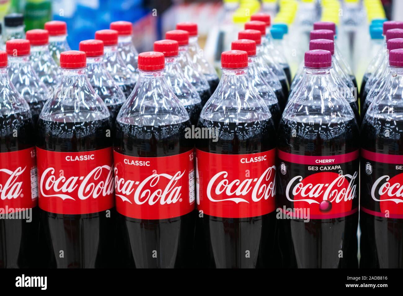 Tyumen, Russia-August 15, 2019 : Coca Cola brand soft drink on display for sell at a supermarket shelf. Coca Cola is a famous soft drink maker. Stock Photo