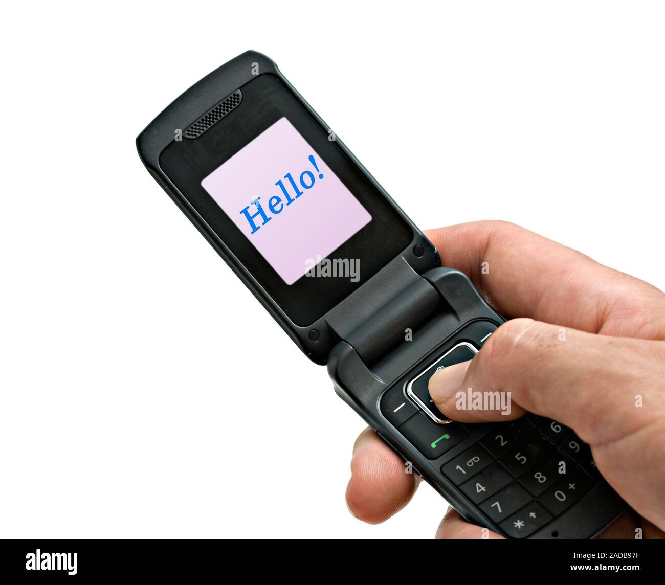 Mobile telephone with "hello" on display Stock Photo - Alamy