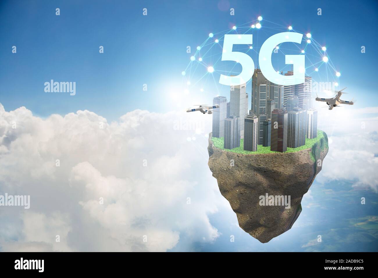 Concept of 5g technology with floating island Stock Photo
