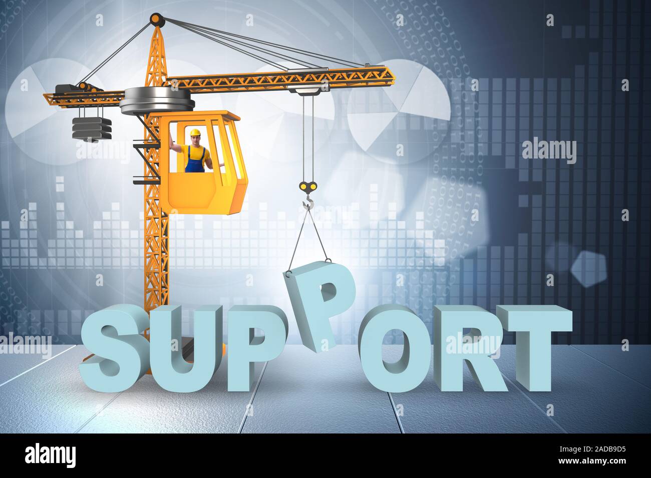 Crane lifting up the word support Stock Photo Alamy