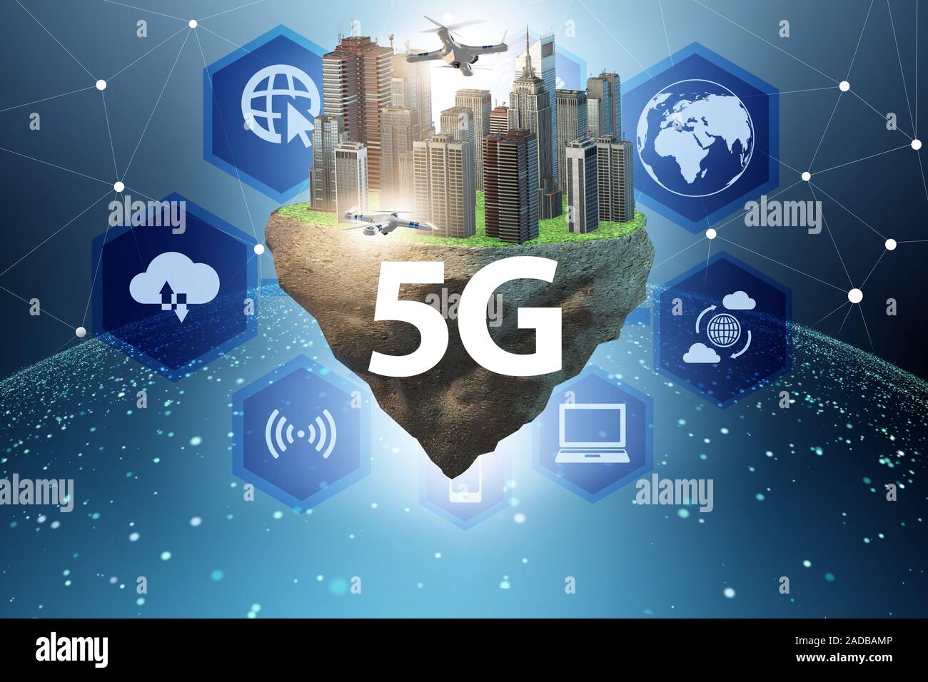 Concept of 5g technology with floating island Stock Photo