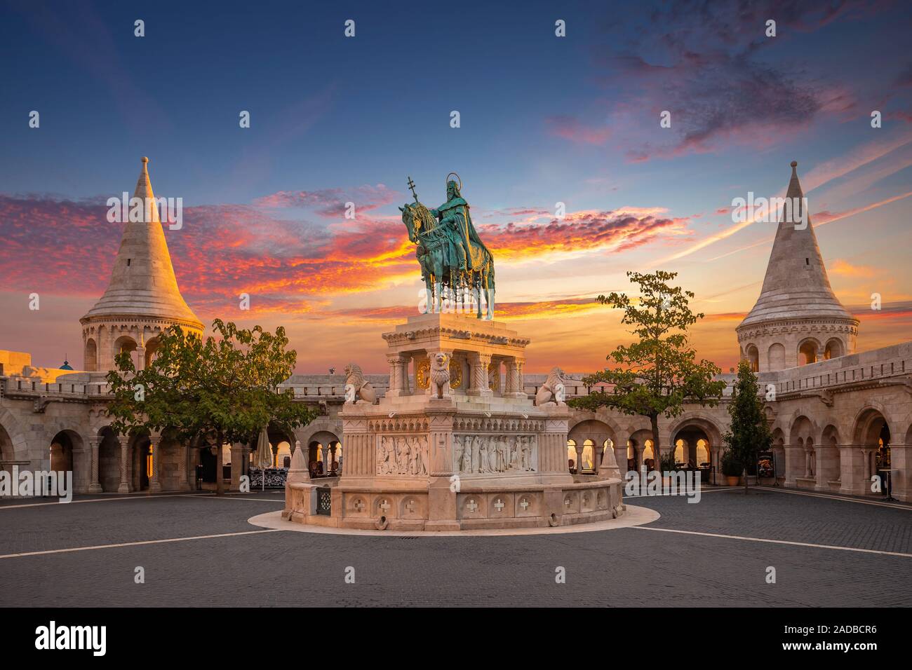 Budapest, Hungary - Amazing golden sunrise over Fisherman's Bastion at autumn with statue of king St.Stephen, the first king of Hungary Stock Photo