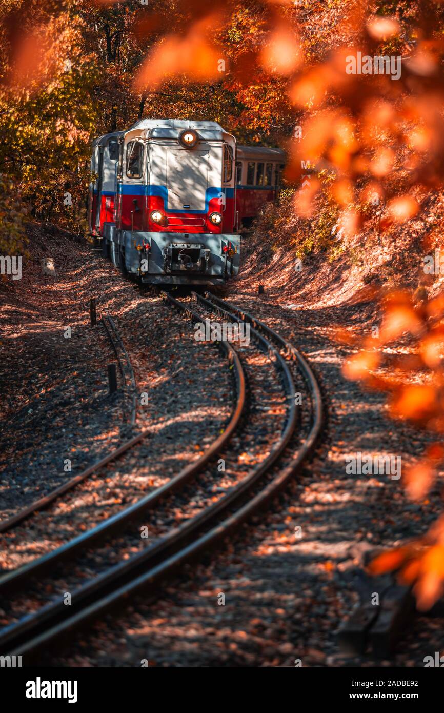 Budapest, Hungary Children's train on the S curve track in the