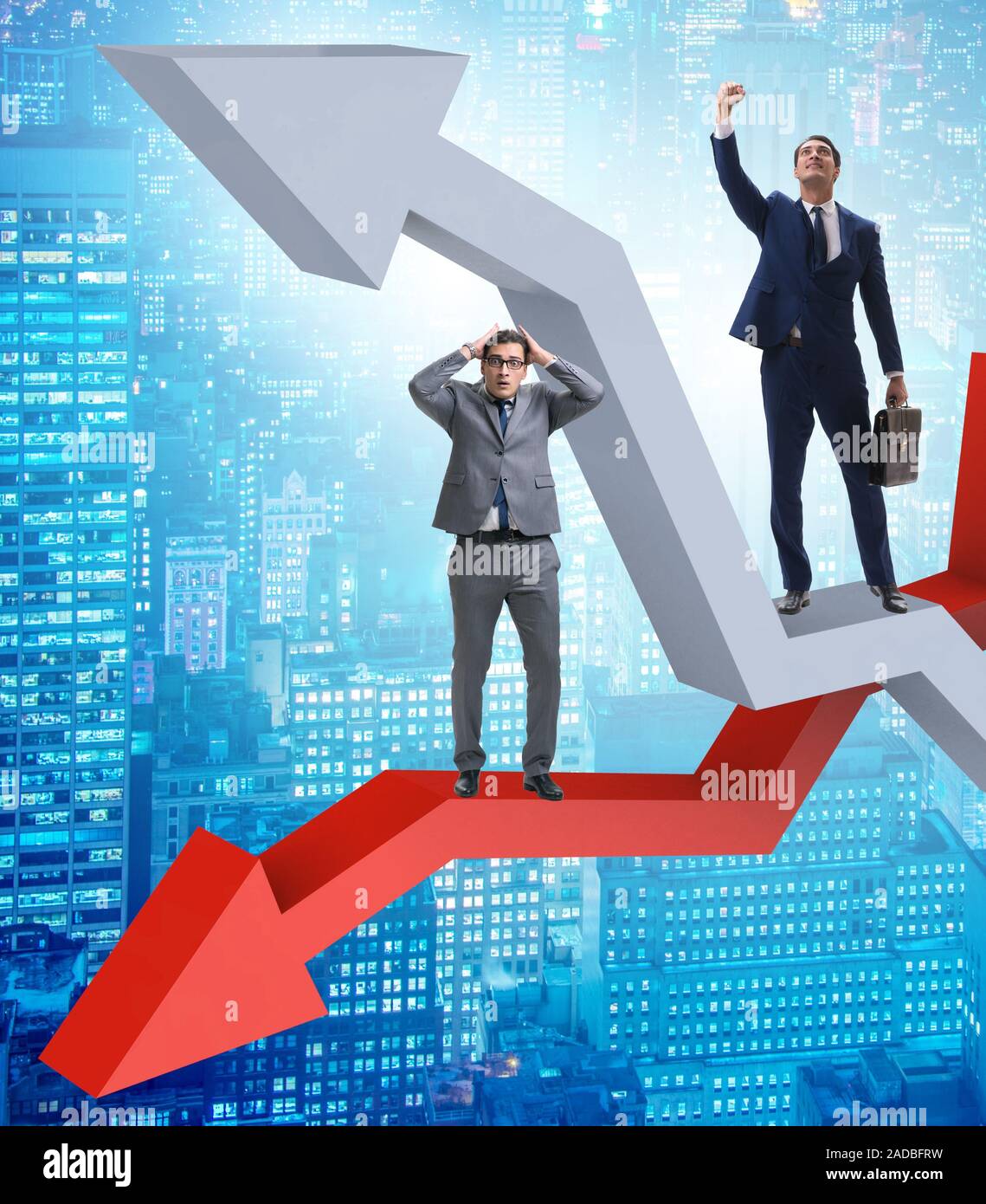 The Businessman with charts of growth and decline Stock Photo