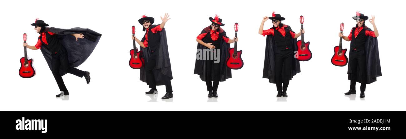 Young man in carnival coat with guitar isolated on white Stock Photo