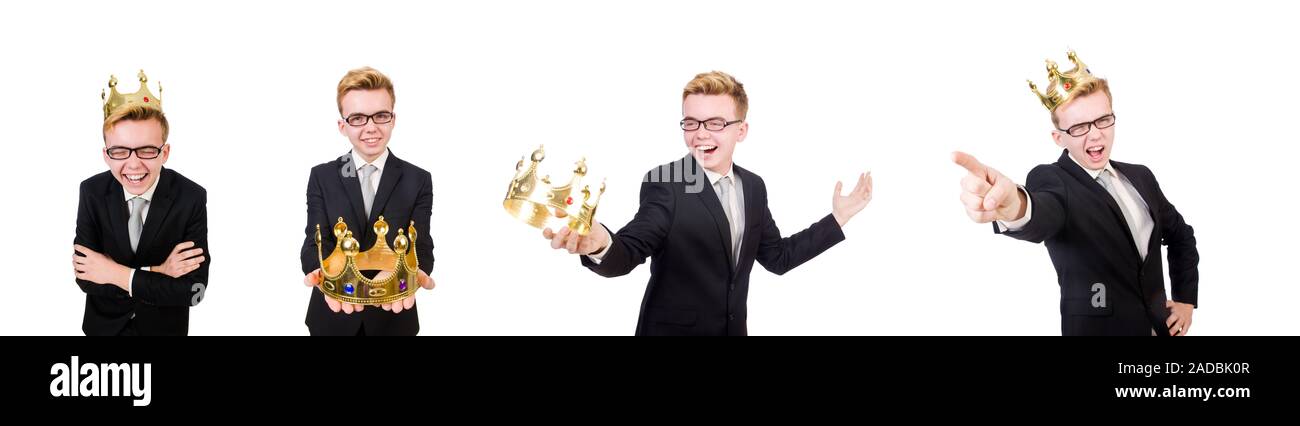 Young Businessman with crown isolated on white Stock Photo