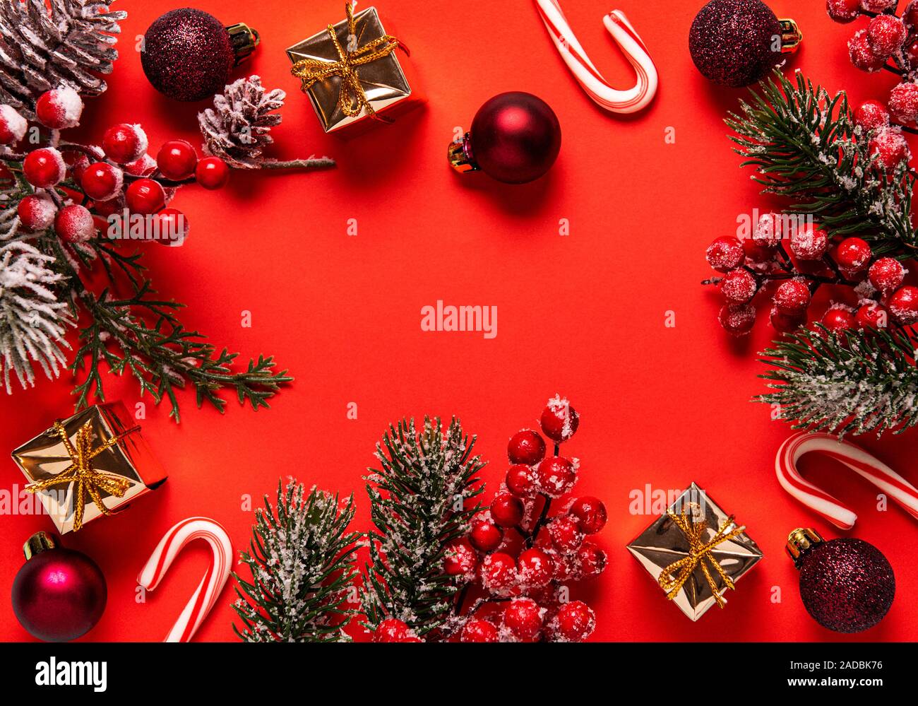 Christmas and New year background with fir branches, holly berry, pine ...
