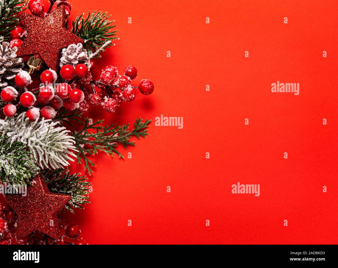 Christmas and New year background with fir branches, holly berry, pine ...
