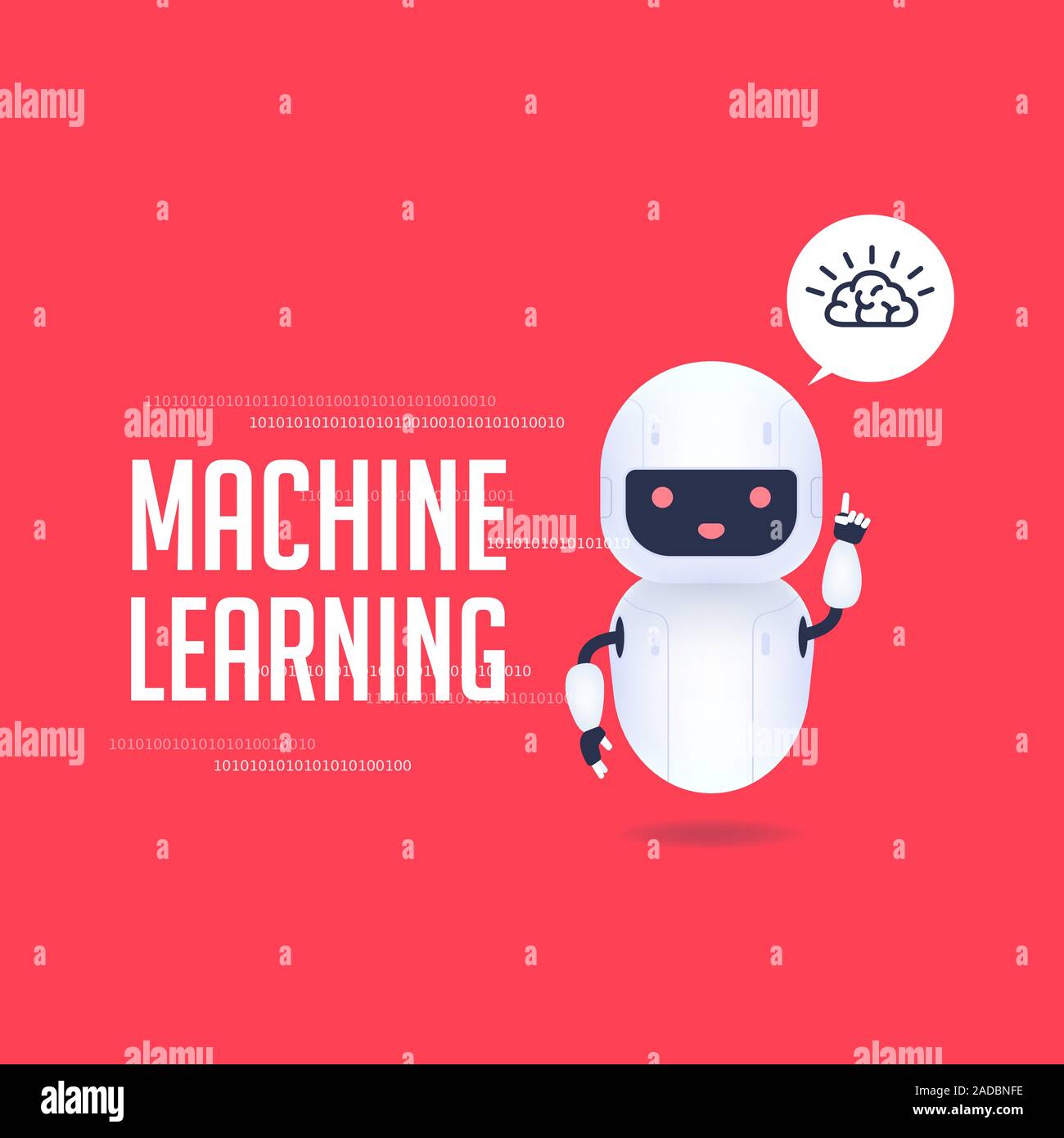 White friendly android robot with brain icon in speech bubble. AI Machine learning concept. Stock Vector