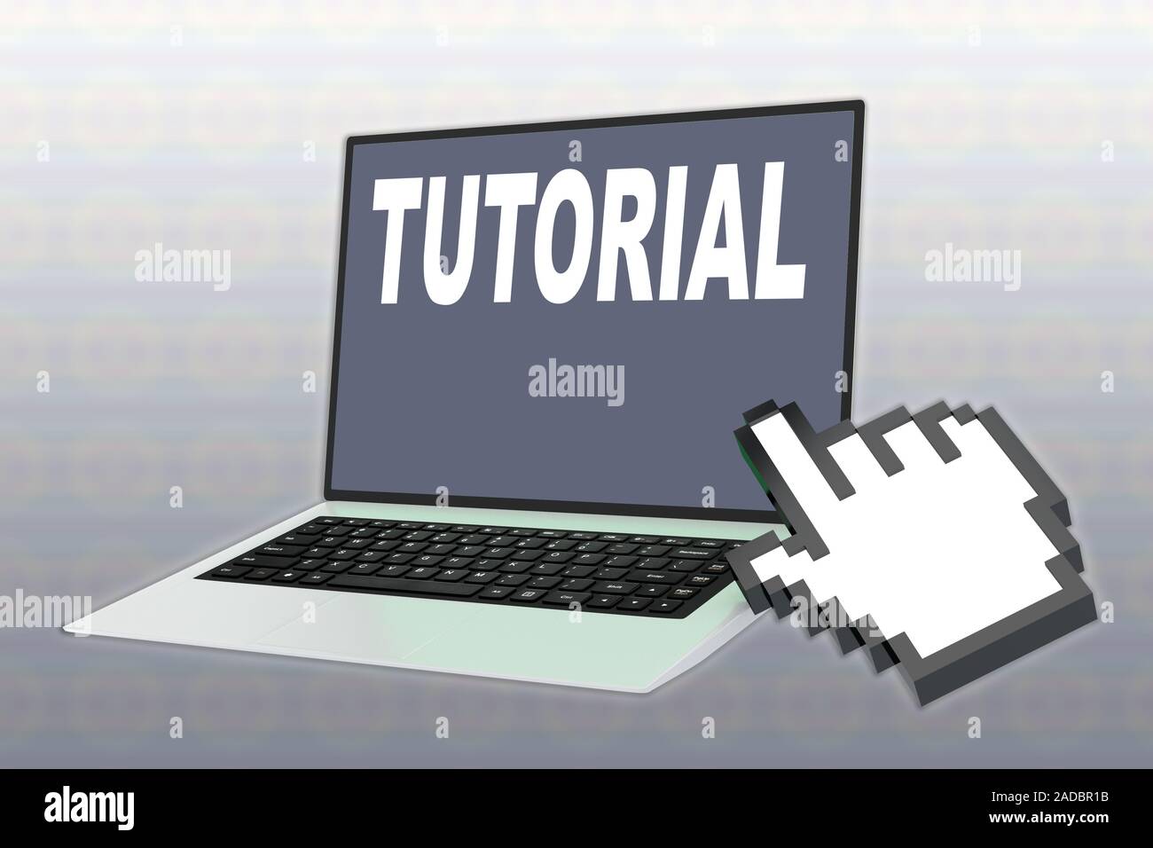 3D illustration of TUTORIAL script with pointing hand icon pointing at ...