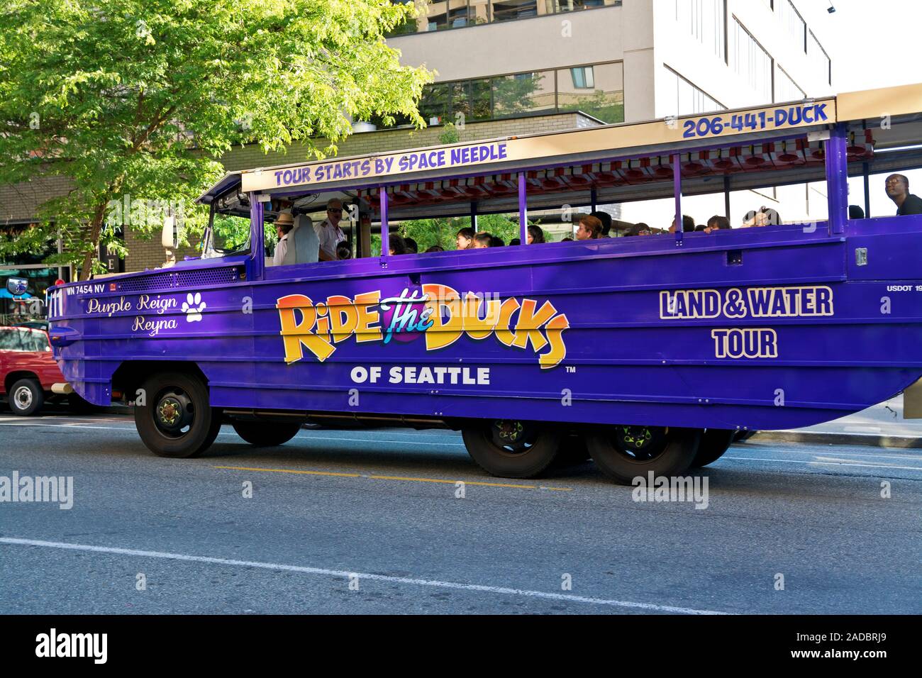 'Ride the Ducks' tour bus, an amphibious land and water tour of Seattle, Washington, USA.  Unique sightseeing tours in Seattle. Stock Photo