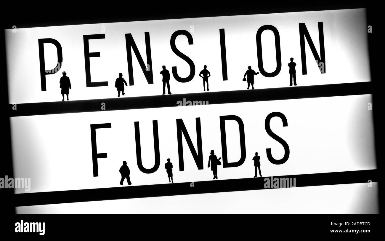 Miniature figurines standing in front of the words pension funds concept Stock Photo