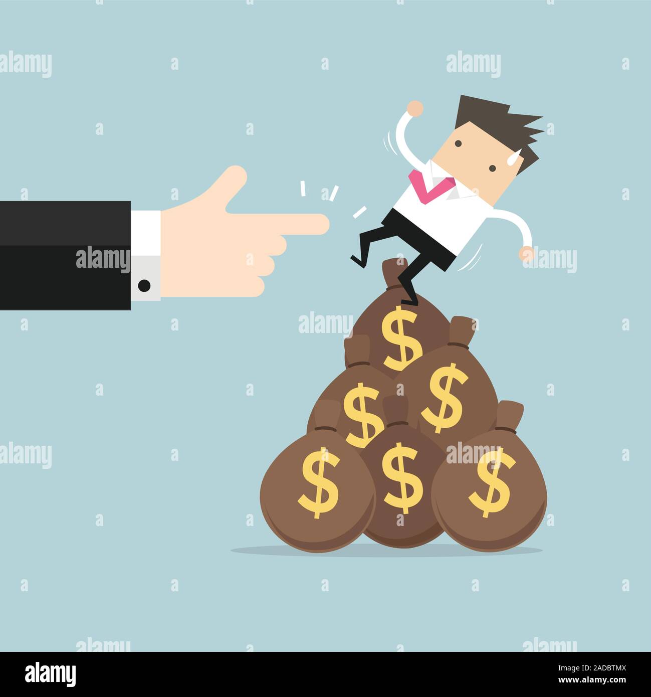 Businessman falling from money bag. Stock Vector