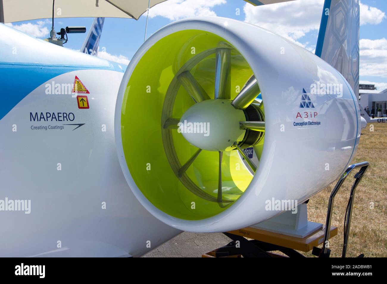 The ducted fan of an electricallypowered EFan aircraft on display at the 2014 Farnborough Air